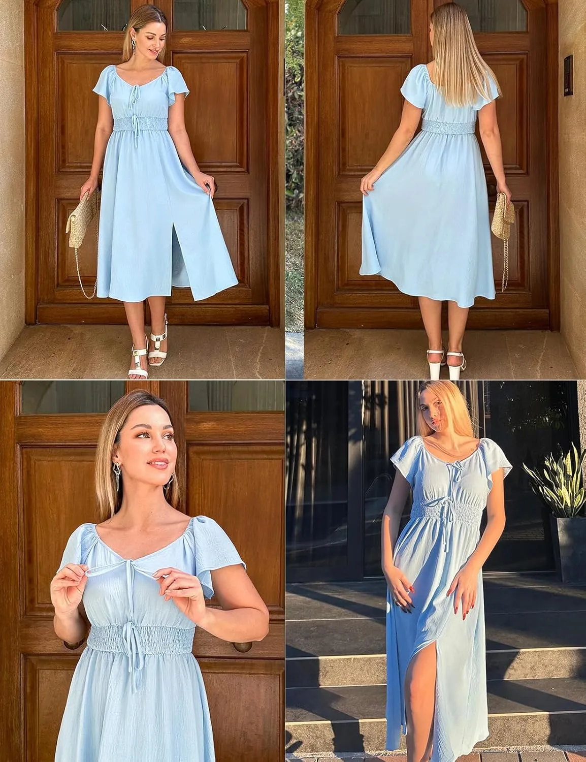 Kate Kasin Women's Summer Casual Short Sleeve V Neck Smocked Waist Split A Line Casual Vacation Boho Flowy Midi Dress