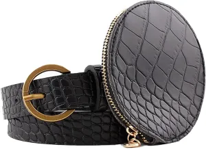 Kiench Women Fanny Pack Faux Leather Belt Bag Round Fashion Waist Packs Crocodile Pattern US S M L XL XXL Waist Size 30-37", Crocodile Print Black