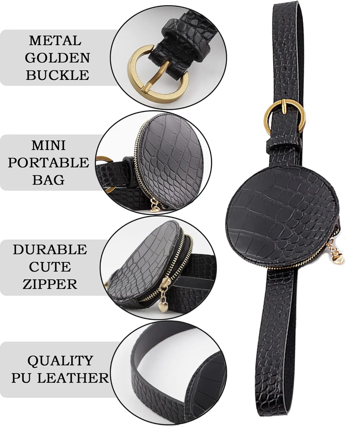 Kiench Women Fanny Pack Faux Leather Belt Bag Round Fashion Waist Packs Crocodile Pattern US S M L XL XXL Waist Size 30-37", Crocodile Print Black