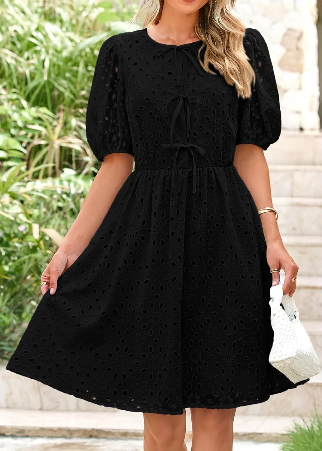 KIRUNDO Womens Summer Dresses 2025 Short Puff Sleeve Open Tie Front Eyelet Hollow Out A Line Wedding Guest Beach Sundress
