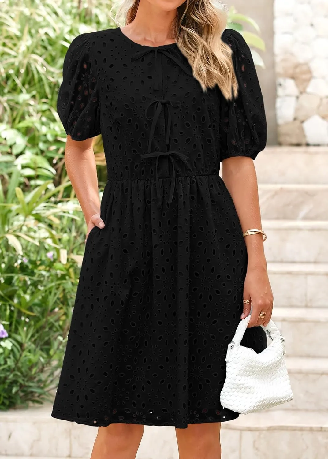 KIRUNDO Womens Summer Dresses 2025 Short Puff Sleeve Open Tie Front Eyelet Hollow Out A Line Wedding Guest Beach Sundress