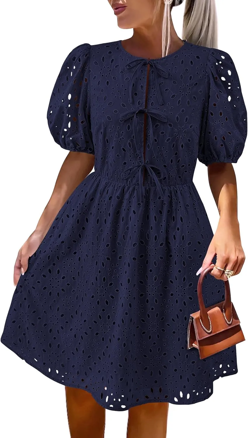 KIRUNDO Womens Summer Dresses 2025 Short Puff Sleeve Open Tie Front Eyelet Hollow Out A Line Wedding Guest Beach Sundress