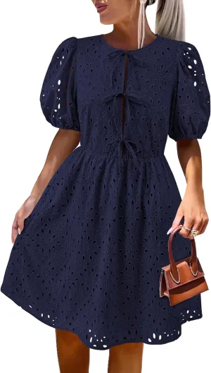 KIRUNDO Womens Summer Dresses 2025 Short Puff Sleeve Open Tie Front Eyelet Hollow Out A Line Wedding Guest Beach Sundress