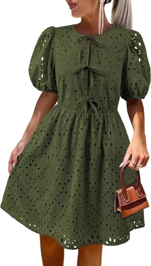 KIRUNDO Womens Summer Dresses 2025 Short Puff Sleeve Open Tie Front Eyelet Hollow Out A Line Wedding Guest Beach Sundress