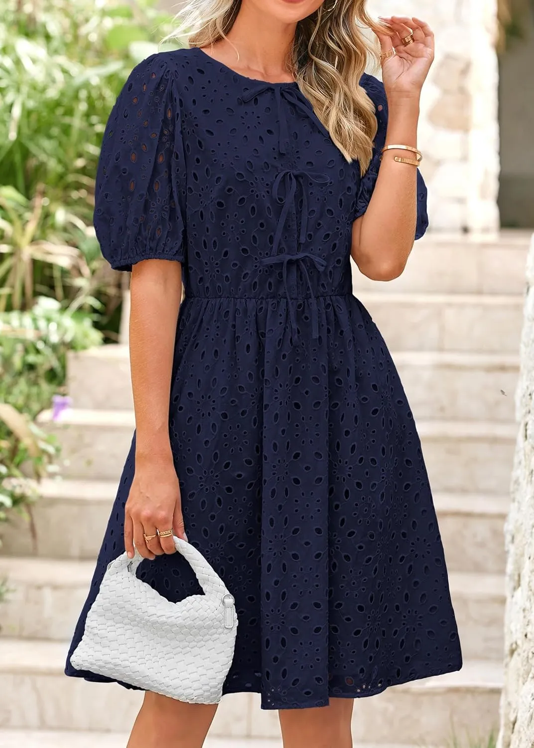 KIRUNDO Womens Summer Dresses 2025 Short Puff Sleeve Open Tie Front Eyelet Hollow Out A Line Wedding Guest Beach Sundress