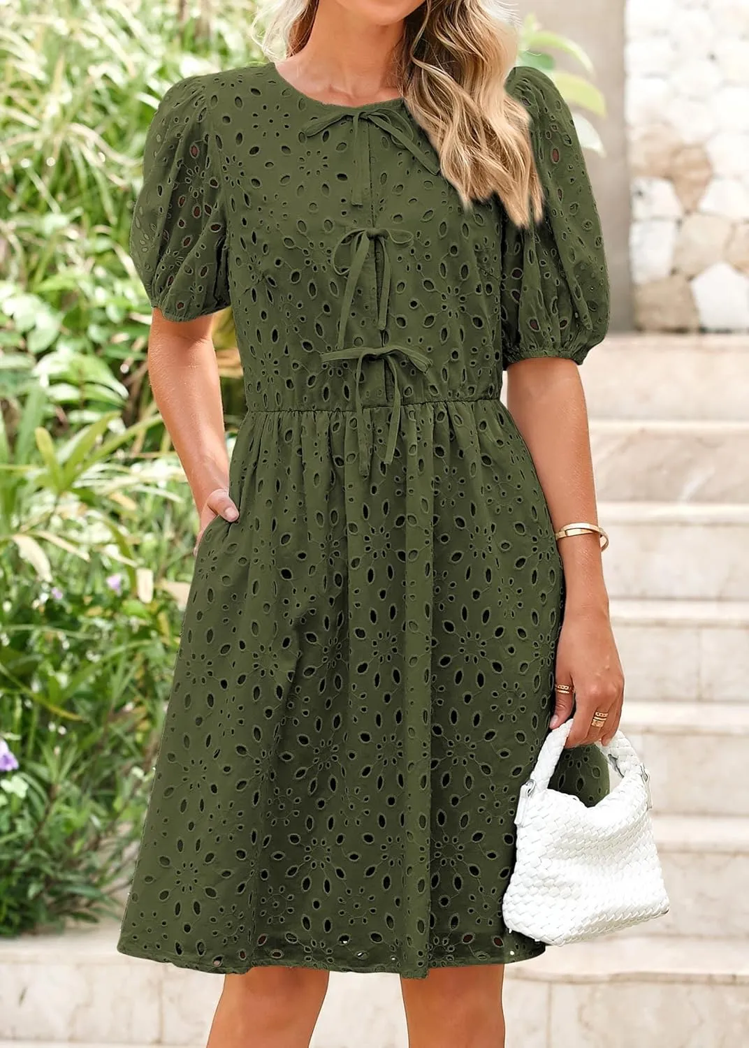 KIRUNDO Womens Summer Dresses 2025 Short Puff Sleeve Open Tie Front Eyelet Hollow Out A Line Wedding Guest Beach Sundress