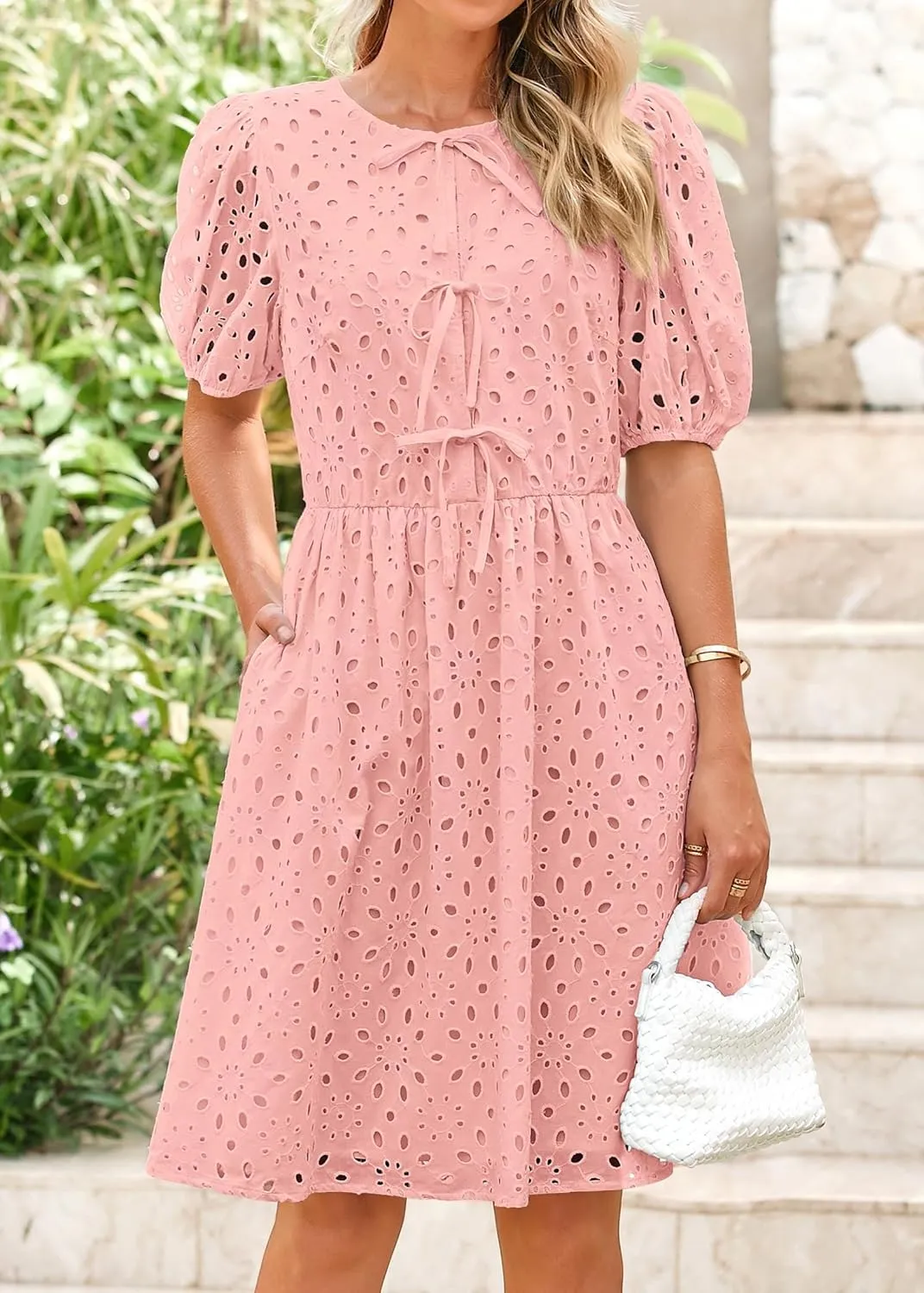KIRUNDO Womens Summer Dresses 2025 Short Puff Sleeve Open Tie Front Eyelet Hollow Out A Line Wedding Guest Beach Sundress