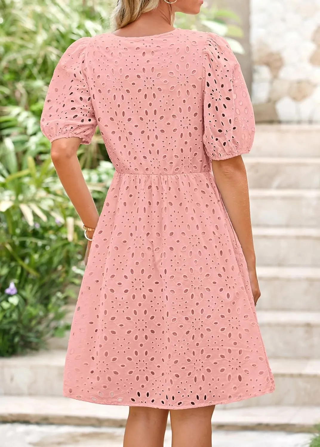 KIRUNDO Womens Summer Dresses 2025 Short Puff Sleeve Open Tie Front Eyelet Hollow Out A Line Wedding Guest Beach Sundress