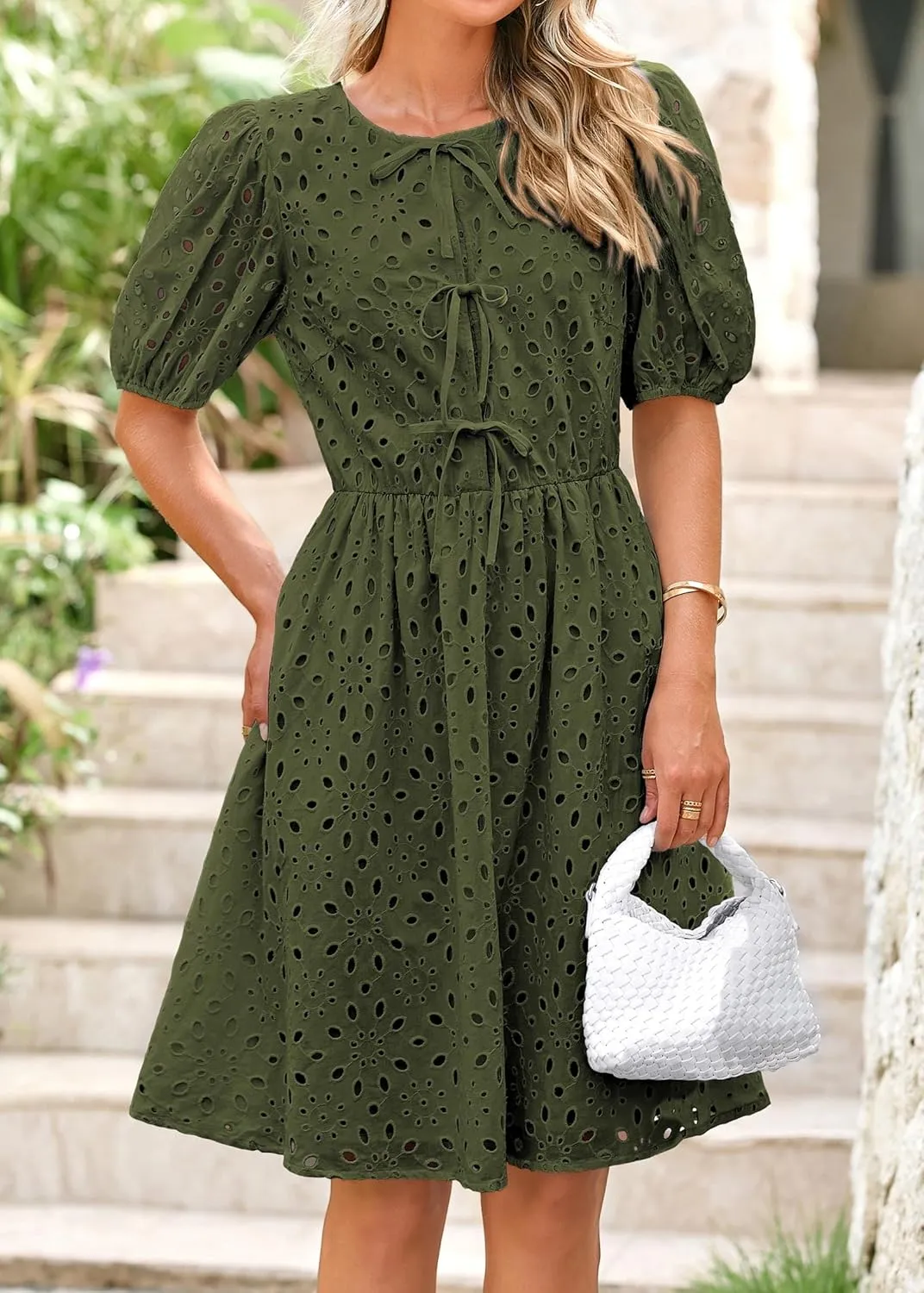 KIRUNDO Womens Summer Dresses 2025 Short Puff Sleeve Open Tie Front Eyelet Hollow Out A Line Wedding Guest Beach Sundress