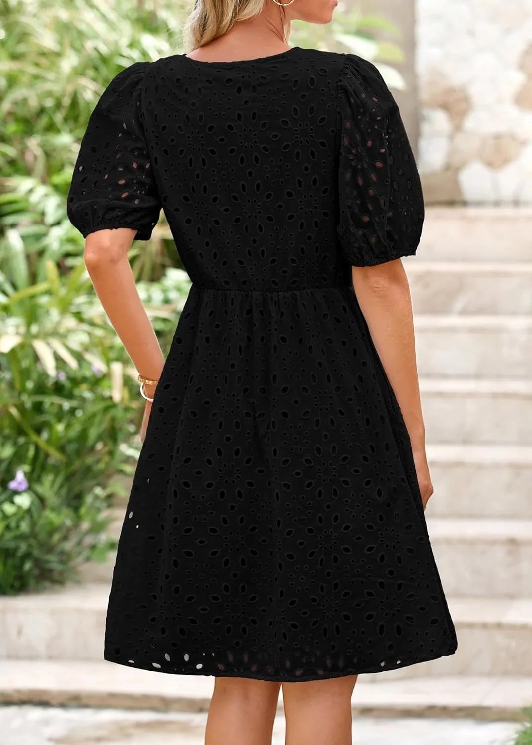 KIRUNDO Womens Summer Dresses 2025 Short Puff Sleeve Open Tie Front Eyelet Hollow Out A Line Wedding Guest Beach Sundress