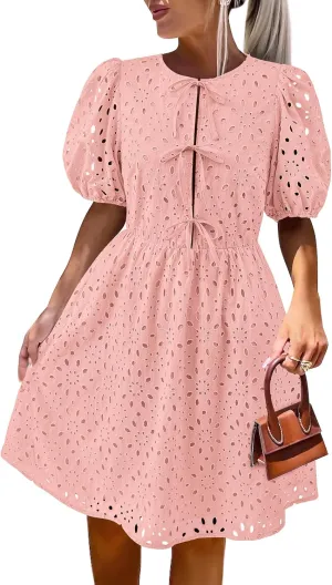 KIRUNDO Womens Summer Dresses 2025 Short Puff Sleeve Open Tie Front Eyelet Hollow Out A Line Wedding Guest Beach Sundress