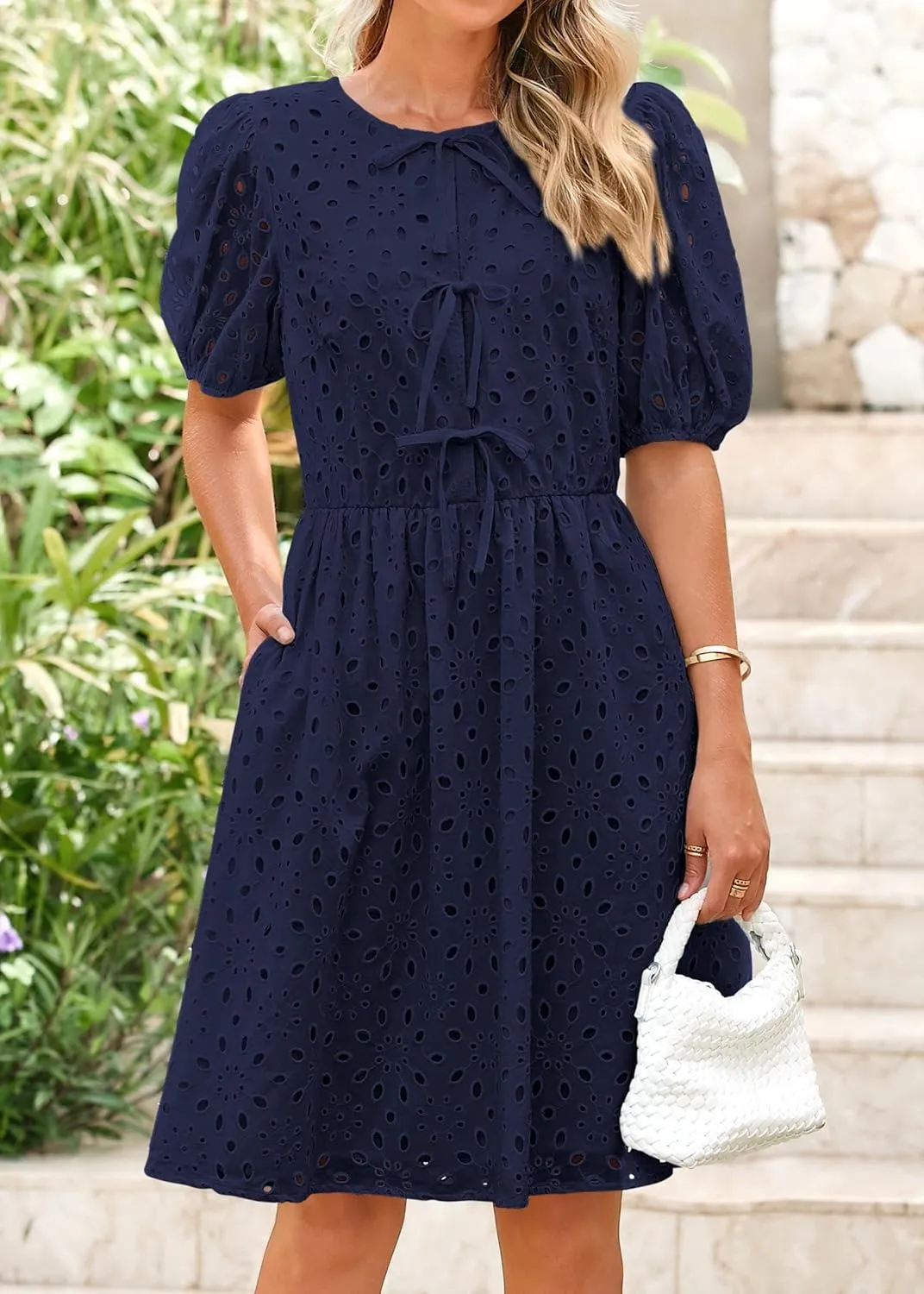 KIRUNDO Womens Summer Dresses 2025 Short Puff Sleeve Open Tie Front Eyelet Hollow Out A Line Wedding Guest Beach Sundress