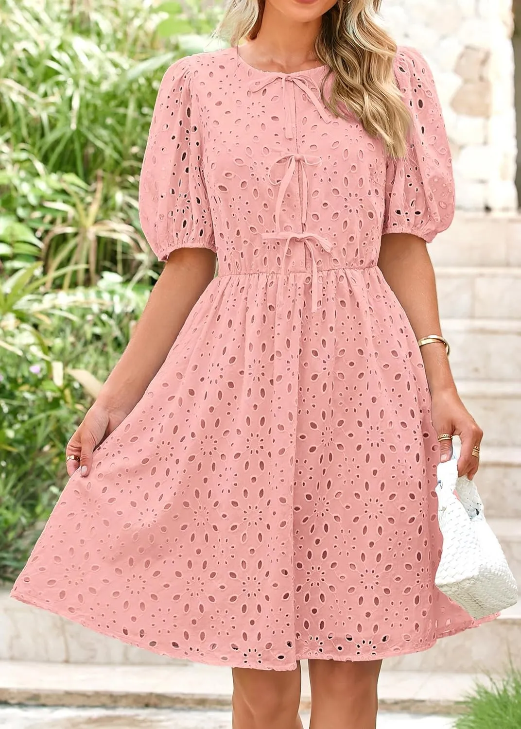 KIRUNDO Womens Summer Dresses 2025 Short Puff Sleeve Open Tie Front Eyelet Hollow Out A Line Wedding Guest Beach Sundress
