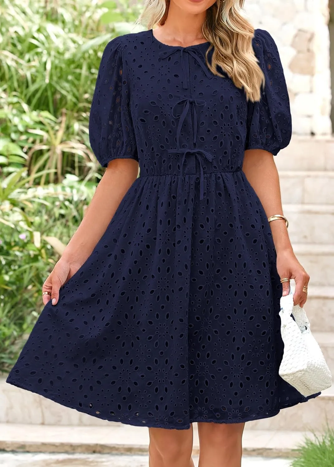 KIRUNDO Womens Summer Dresses 2025 Short Puff Sleeve Open Tie Front Eyelet Hollow Out A Line Wedding Guest Beach Sundress