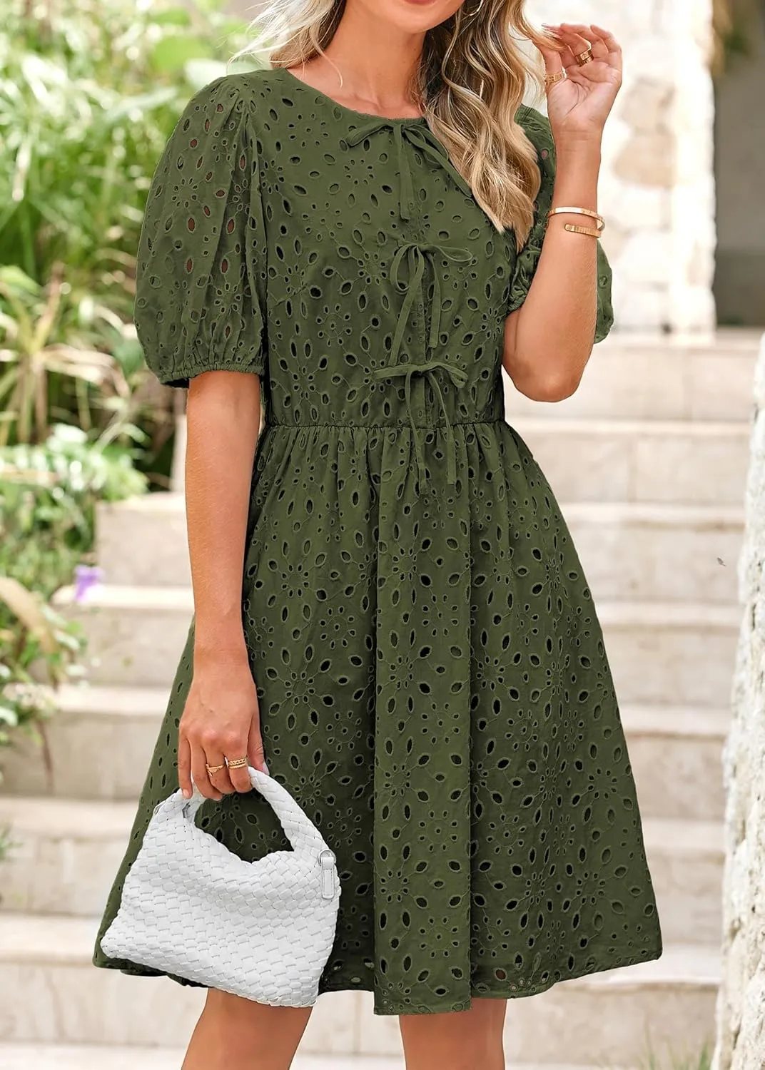 KIRUNDO Womens Summer Dresses 2025 Short Puff Sleeve Open Tie Front Eyelet Hollow Out A Line Wedding Guest Beach Sundress