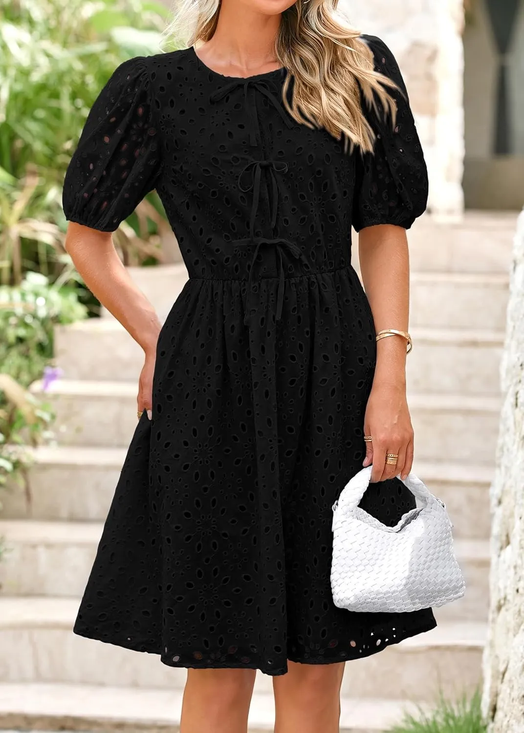 KIRUNDO Womens Summer Dresses 2025 Short Puff Sleeve Open Tie Front Eyelet Hollow Out A Line Wedding Guest Beach Sundress