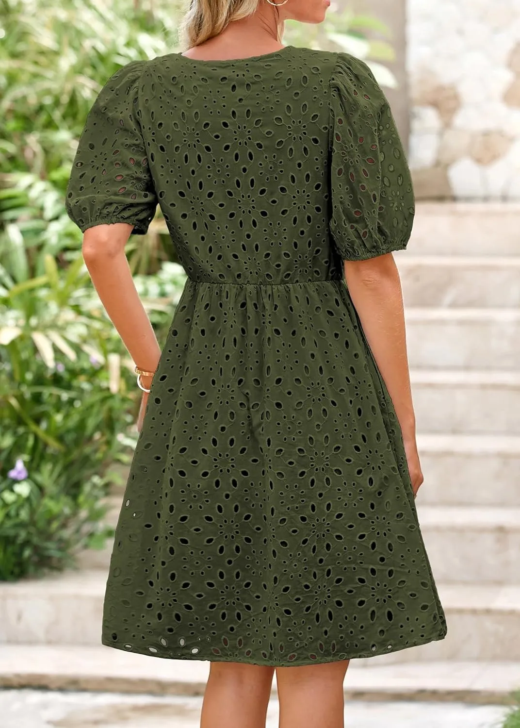 KIRUNDO Womens Summer Dresses 2025 Short Puff Sleeve Open Tie Front Eyelet Hollow Out A Line Wedding Guest Beach Sundress