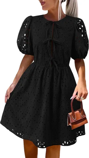 KIRUNDO Womens Summer Dresses 2025 Short Puff Sleeve Open Tie Front Eyelet Hollow Out A Line Wedding Guest Beach Sundress