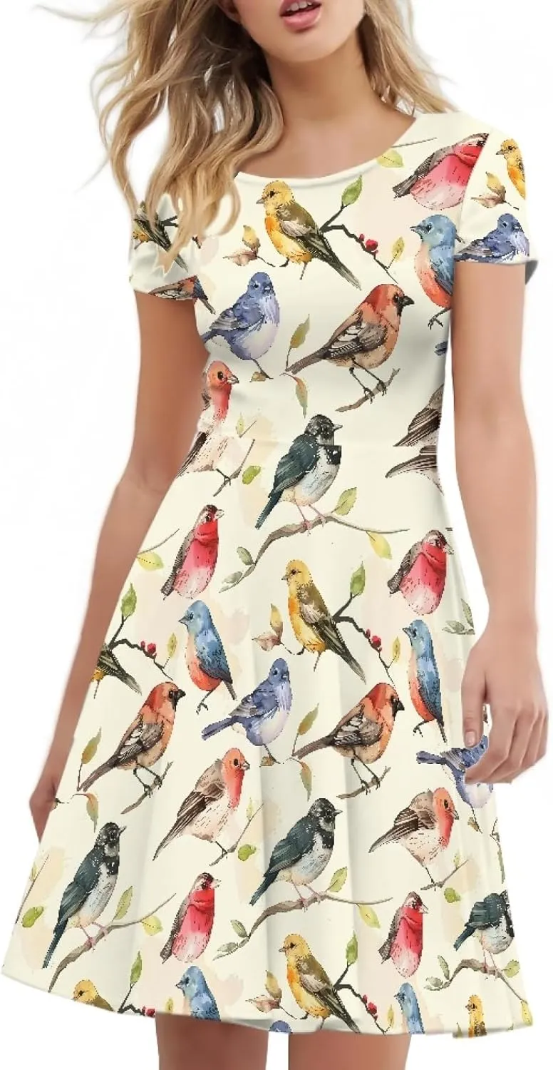 KiuLoam Women Summer Midi Dresses Short Sleeve Crew Neck A Line Dress Party Elegant Casual Dresses Plus Size S-4XL