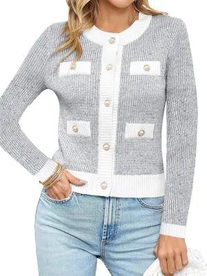 Langwyqu Womens Long Sleeve Button Down Cardigan Sweaters Cropped Open Front Tweed Jacket Fall Elegant Knit Tops