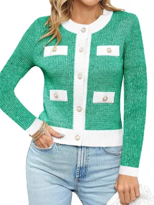 Langwyqu Womens Long Sleeve Button Down Cardigan Sweaters Cropped Open Front Tweed Jacket Fall Elegant Knit Tops