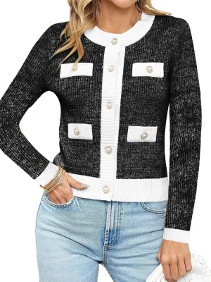 Langwyqu Womens Long Sleeve Button Down Cardigan Sweaters Cropped Open Front Tweed Jacket Fall Elegant Knit Tops