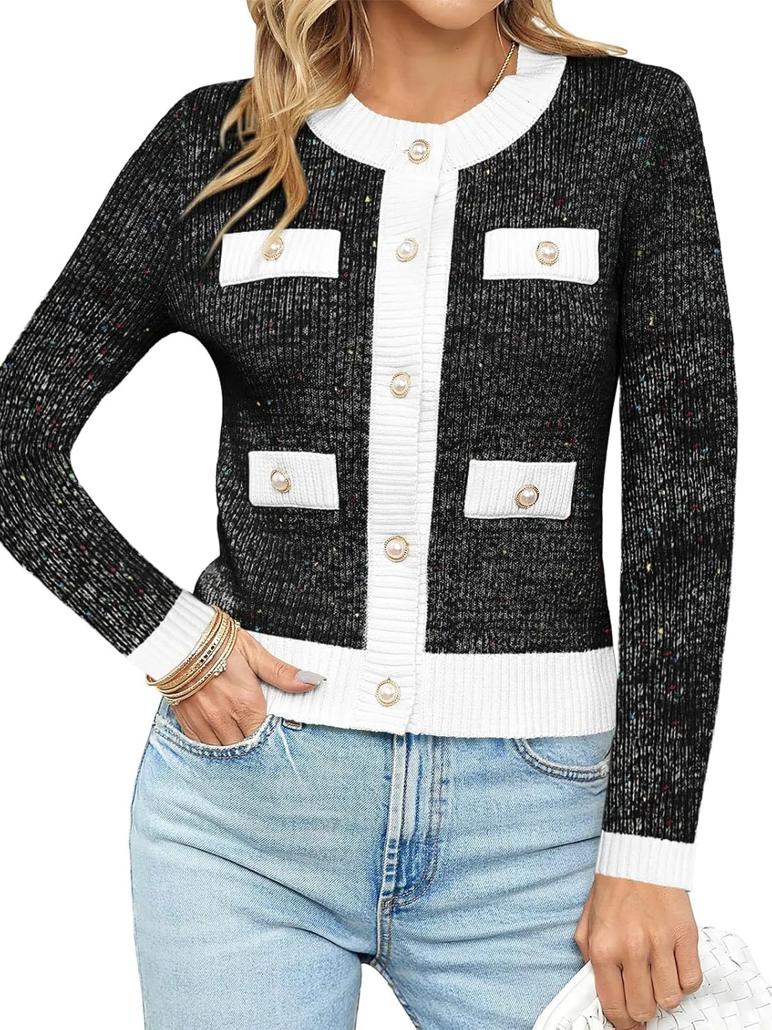 Langwyqu Womens Long Sleeve Button Down Cardigan Sweaters Cropped Open Front Tweed Jacket Fall Elegant Knit Tops