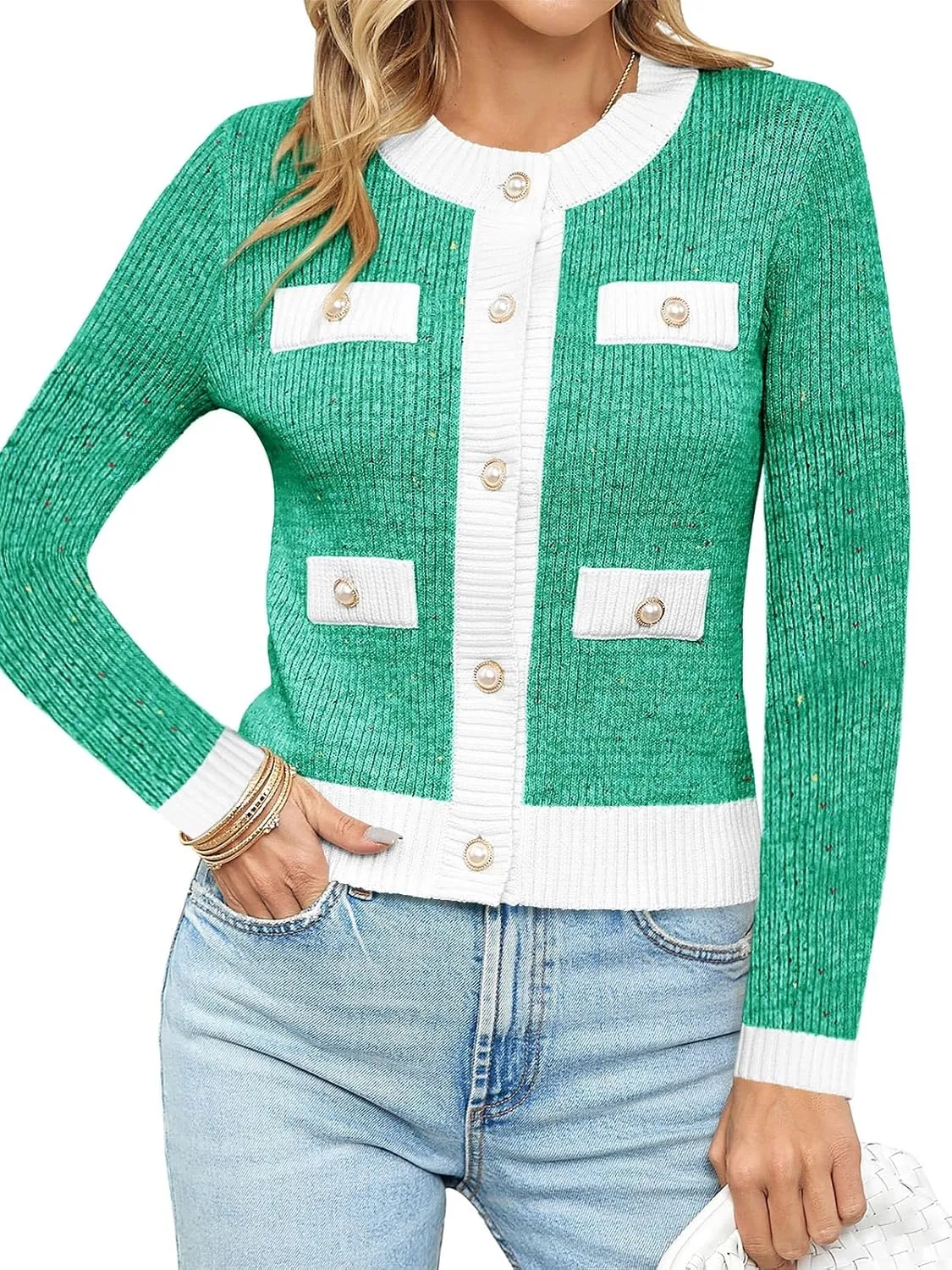 Langwyqu Womens Long Sleeve Button Down Cardigan Sweaters Cropped Open Front Tweed Jacket Fall Elegant Knit Tops