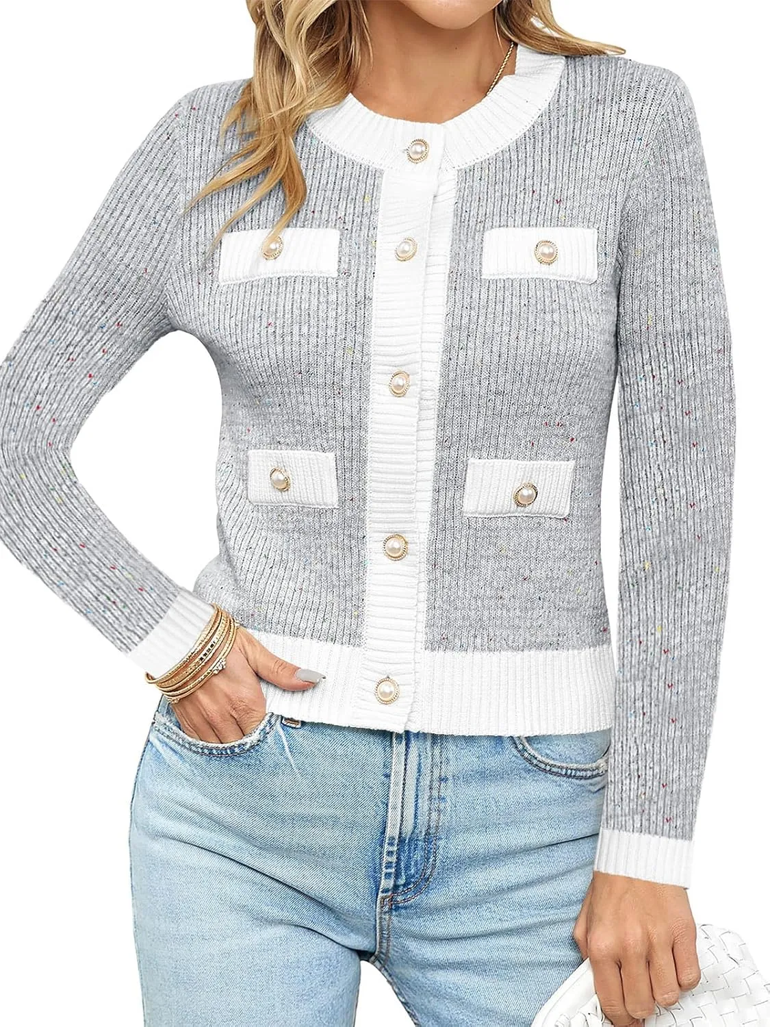 Langwyqu Womens Long Sleeve Button Down Cardigan Sweaters Cropped Open Front Tweed Jacket Fall Elegant Knit Tops