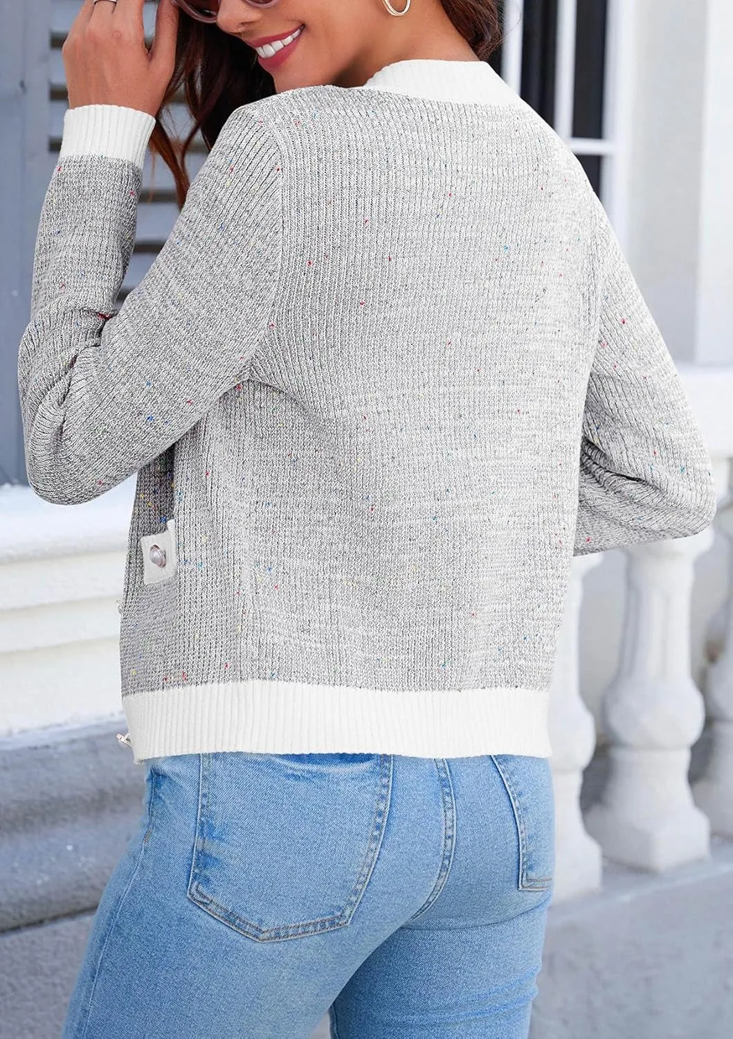 Langwyqu Womens Long Sleeve Button Down Cardigan Sweaters Cropped Open Front Tweed Jacket Fall Elegant Knit Tops
