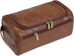 Leather Toiletry Bag for Women and Men Gift Hanging Toiletry Bag Travel Kit Pouch Bag Shaving Dopp Kit (Reddish Brown)