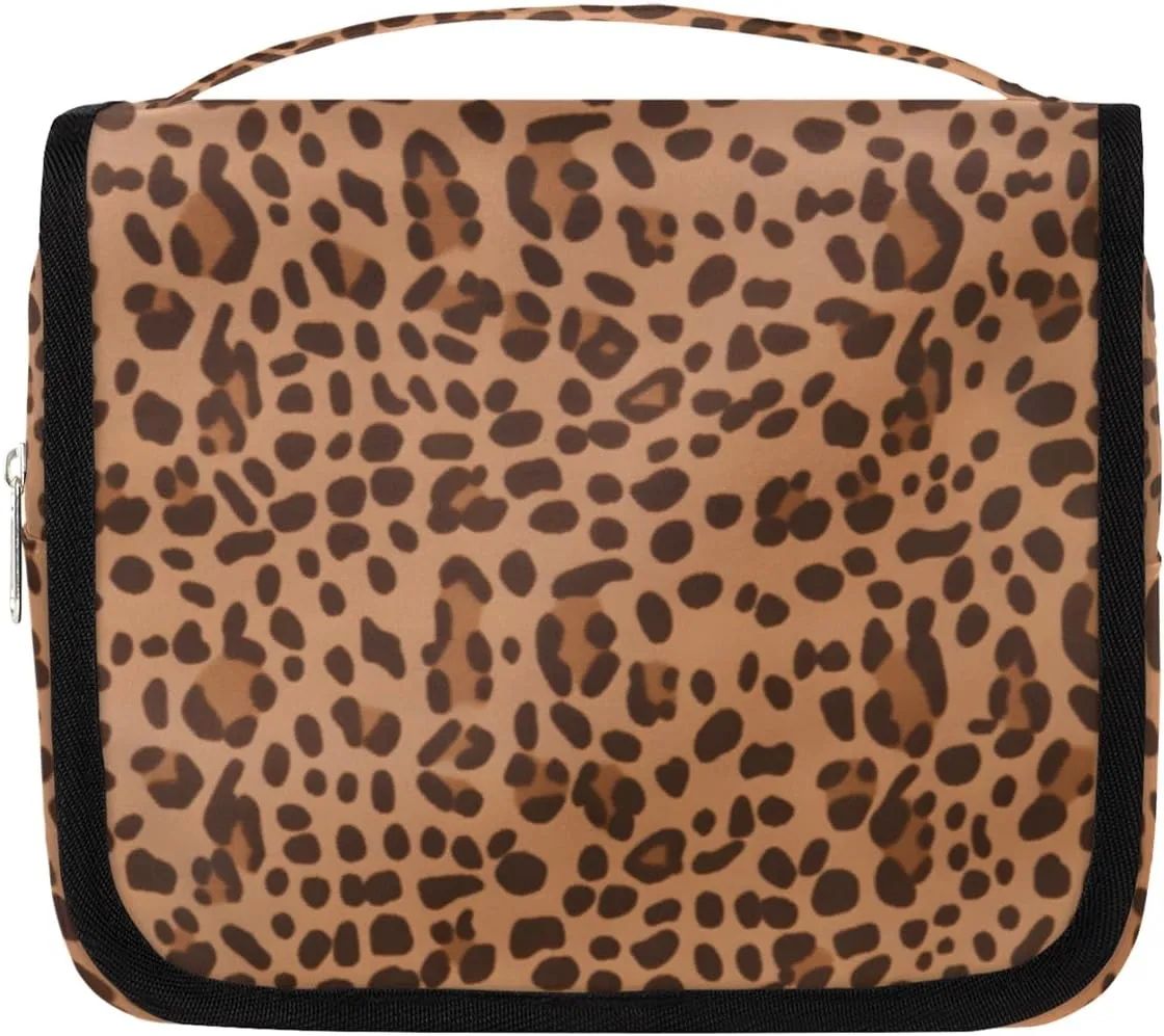 Leopard Skin Hanging Travel Toiletry Bag Kit Makeup Case Cosmetics Organizer Leopard Brown Toiletry Bag for Women Make up Accessories Shampoo Body Cream Brushes Set
