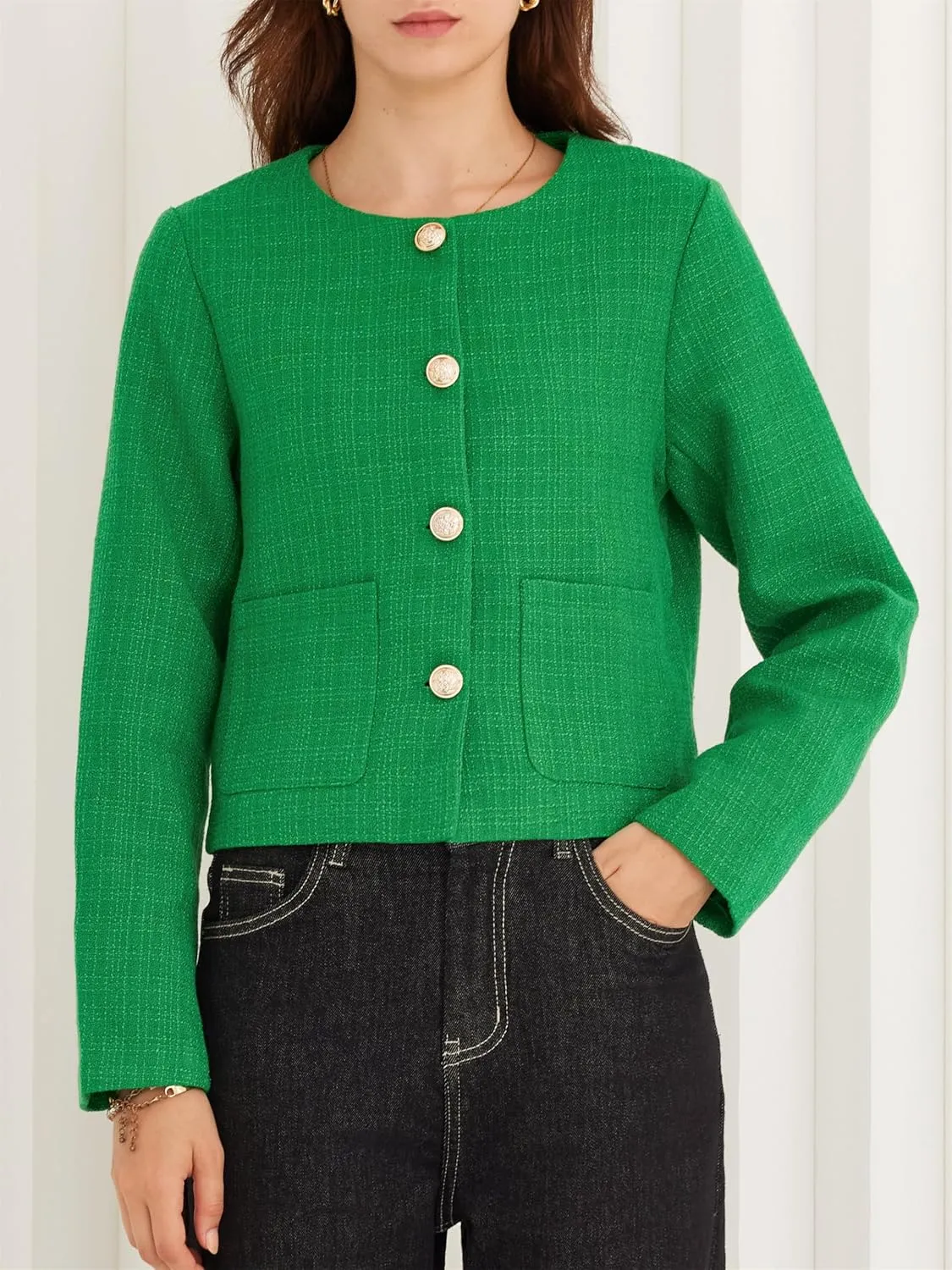 LifeShe Tweed Jacket Women Cropped Long Sleeve Work Blazers Fall Casual Open Front Office Coats