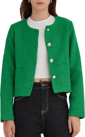 LifeShe Tweed Jacket Women Cropped Long Sleeve Work Blazers Fall Casual Open Front Office Coats