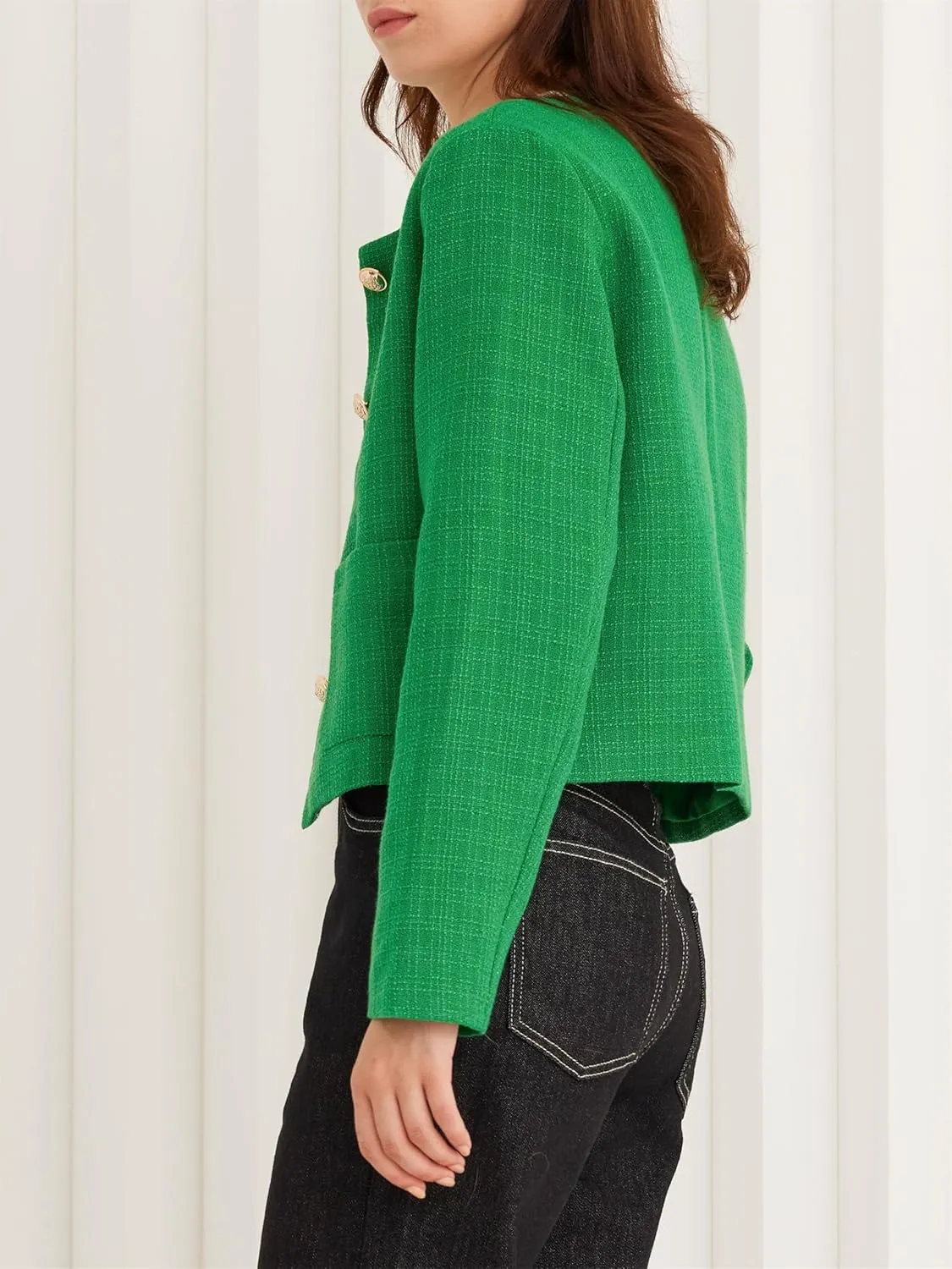 LifeShe Tweed Jacket Women Cropped Long Sleeve Work Blazers Fall Casual Open Front Office Coats