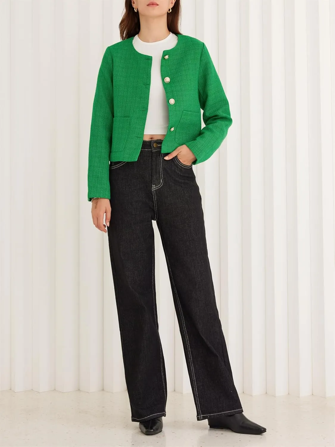 LifeShe Tweed Jacket Women Cropped Long Sleeve Work Blazers Fall Casual Open Front Office Coats