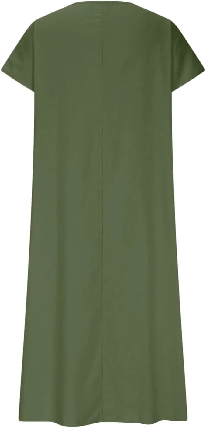 Linen Casual Dresses for Women Flowy V Neck Short Sleeve 2025 Maxi Dress Lightweight Summer Beach Vacation Clothes