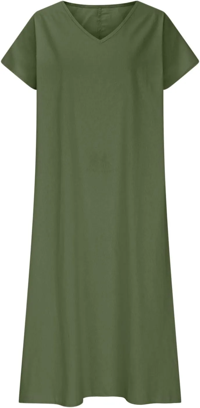 Linen Casual Dresses for Women Flowy V Neck Short Sleeve 2025 Maxi Dress Lightweight Summer Beach Vacation Clothes