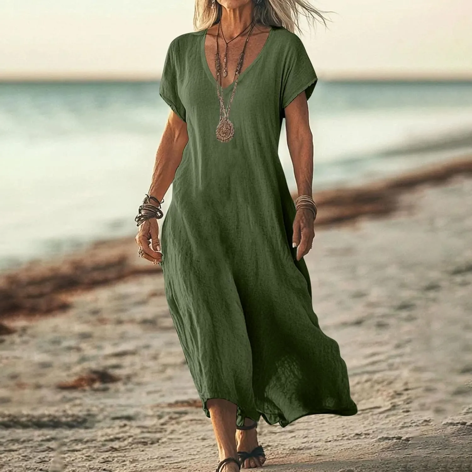 Linen Casual Dresses for Women Flowy V Neck Short Sleeve 2025 Maxi Dress Lightweight Summer Beach Vacation Clothes