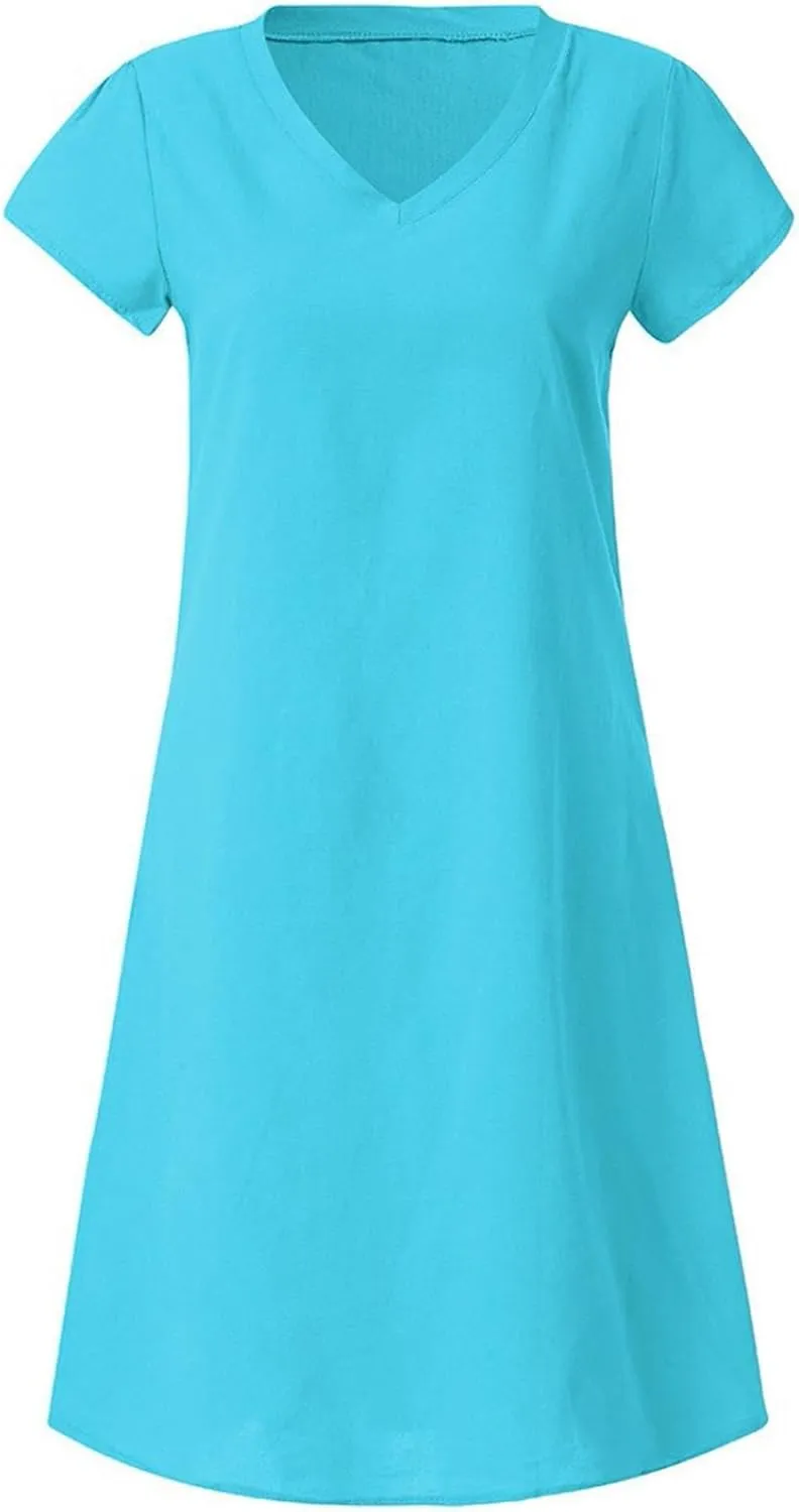Linen Dresses for Women Summer Casual V Neck Short Sleeve Midi Dress Loose Fit Solid Tshirt Dresses Beach Tunic Sundresses