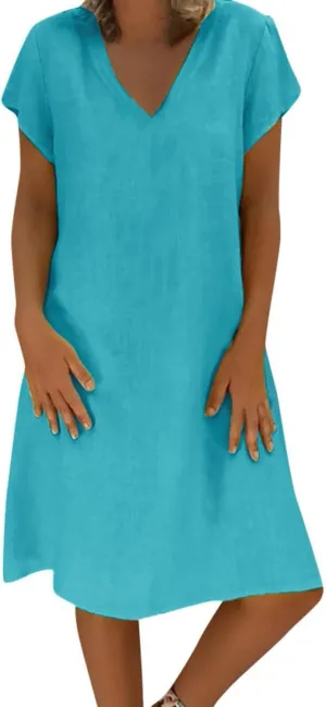 Linen Dresses for Women Summer Casual V Neck Short Sleeve Midi Dress Loose Fit Solid Tshirt Dresses Beach Tunic Sundresses