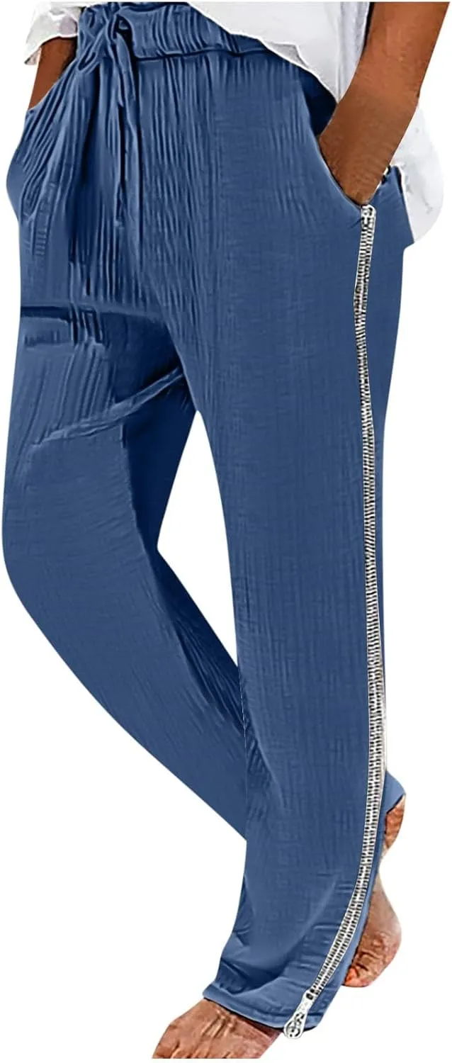 Linen Pants for Men Beach Wedding Slim Fit Drawstring Summer Pants Casual Trendy Lightweight Trousers with Pockets