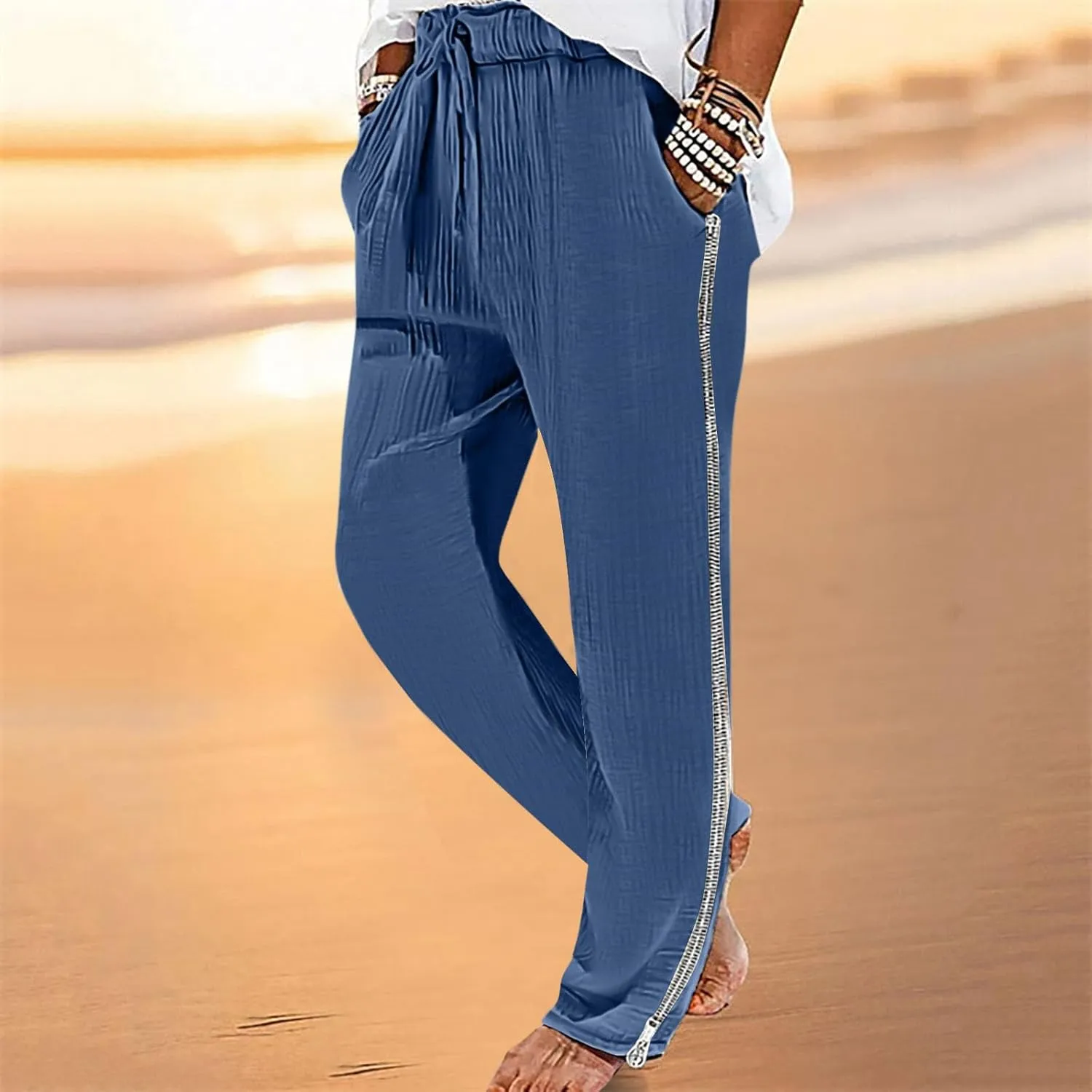 Linen Pants for Men Beach Wedding Slim Fit Drawstring Summer Pants Casual Trendy Lightweight Trousers with Pockets