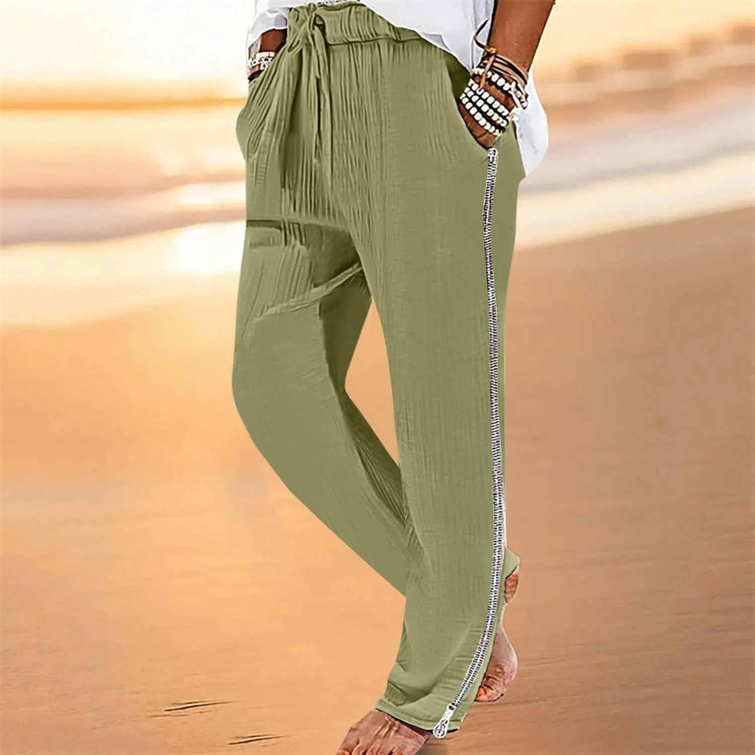 Linen Pants for Men Beach Wedding Slim Fit Drawstring Summer Pants Casual Trendy Lightweight Trousers with Pockets