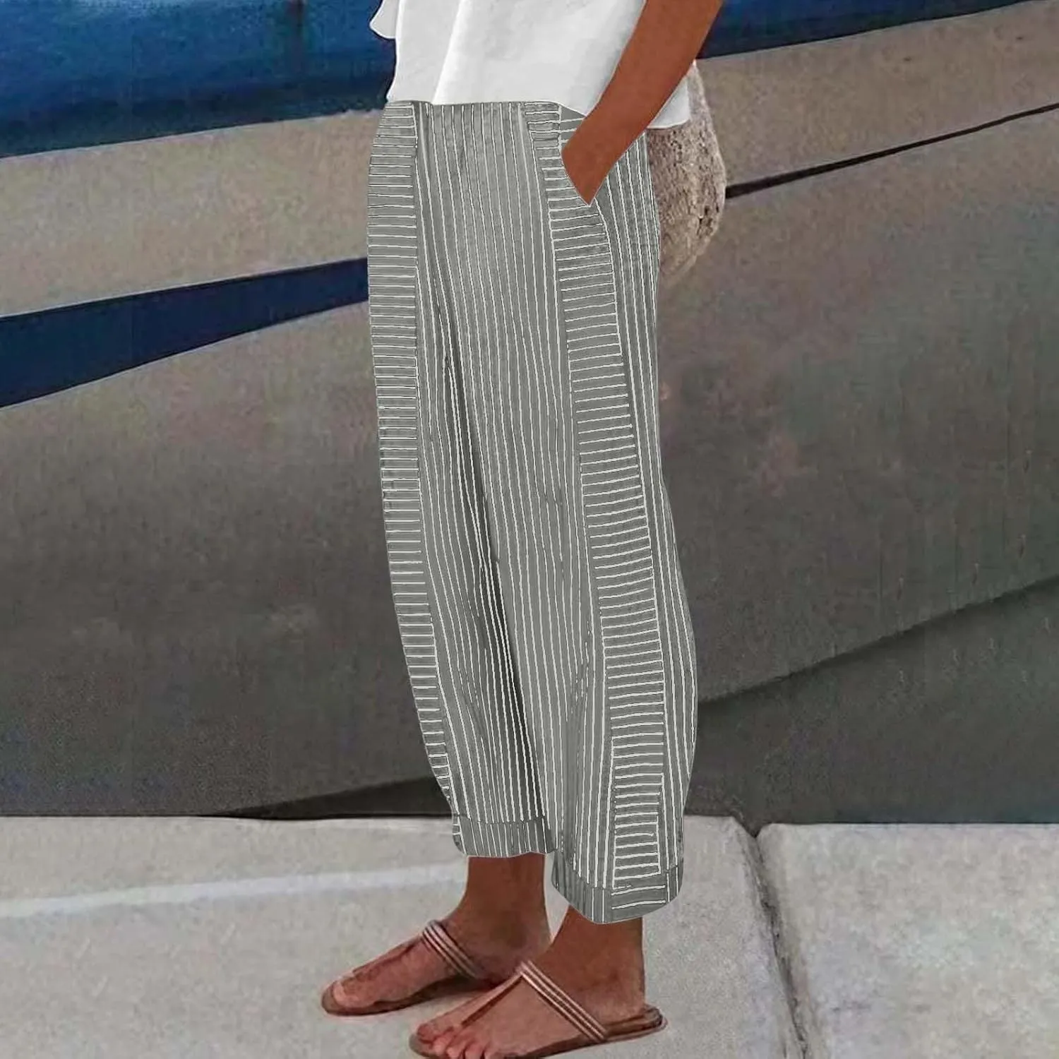 Linen Pants Women Linen Striped Elastic Waist Side Back Four Pockets 9/10 Loose Drawstring Elastic Waist Cropped Trouser