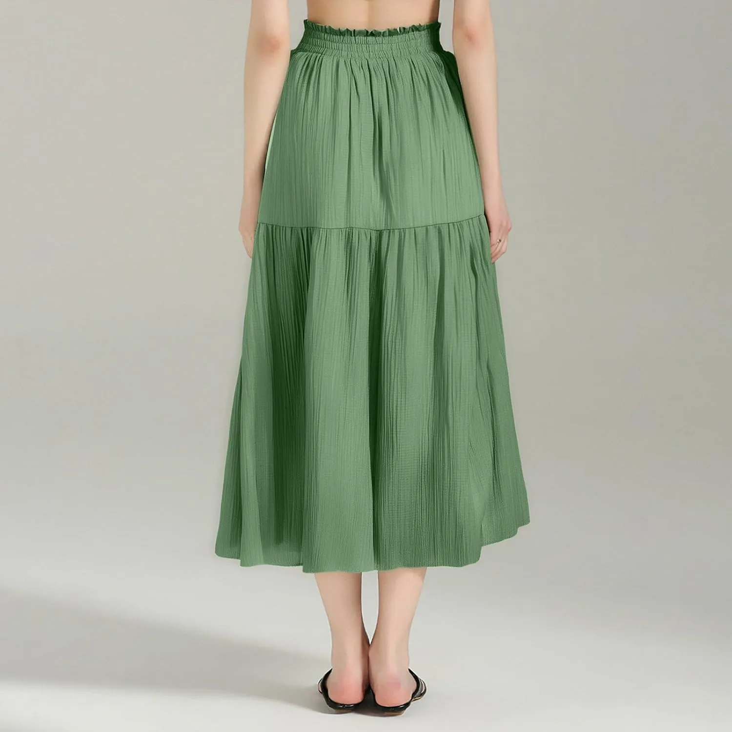 Linen Skirts for Women Boho Flowy Smocked Elastic Waist Midi Skirt with Slit Tiered Ruffle Summer Beach Cute Skirts