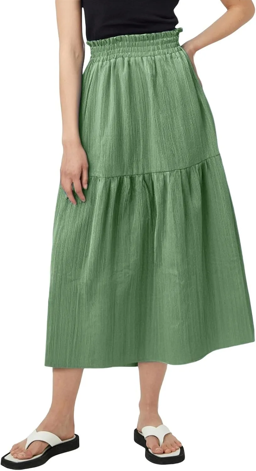 Linen Skirts for Women Boho Flowy Smocked Elastic Waist Midi Skirt with Slit Tiered Ruffle Summer Beach Cute Skirts