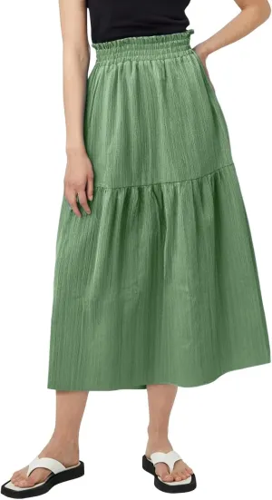 Linen Skirts for Women Boho Flowy Smocked Elastic Waist Midi Skirt with Slit Tiered Ruffle Summer Beach Cute Skirts