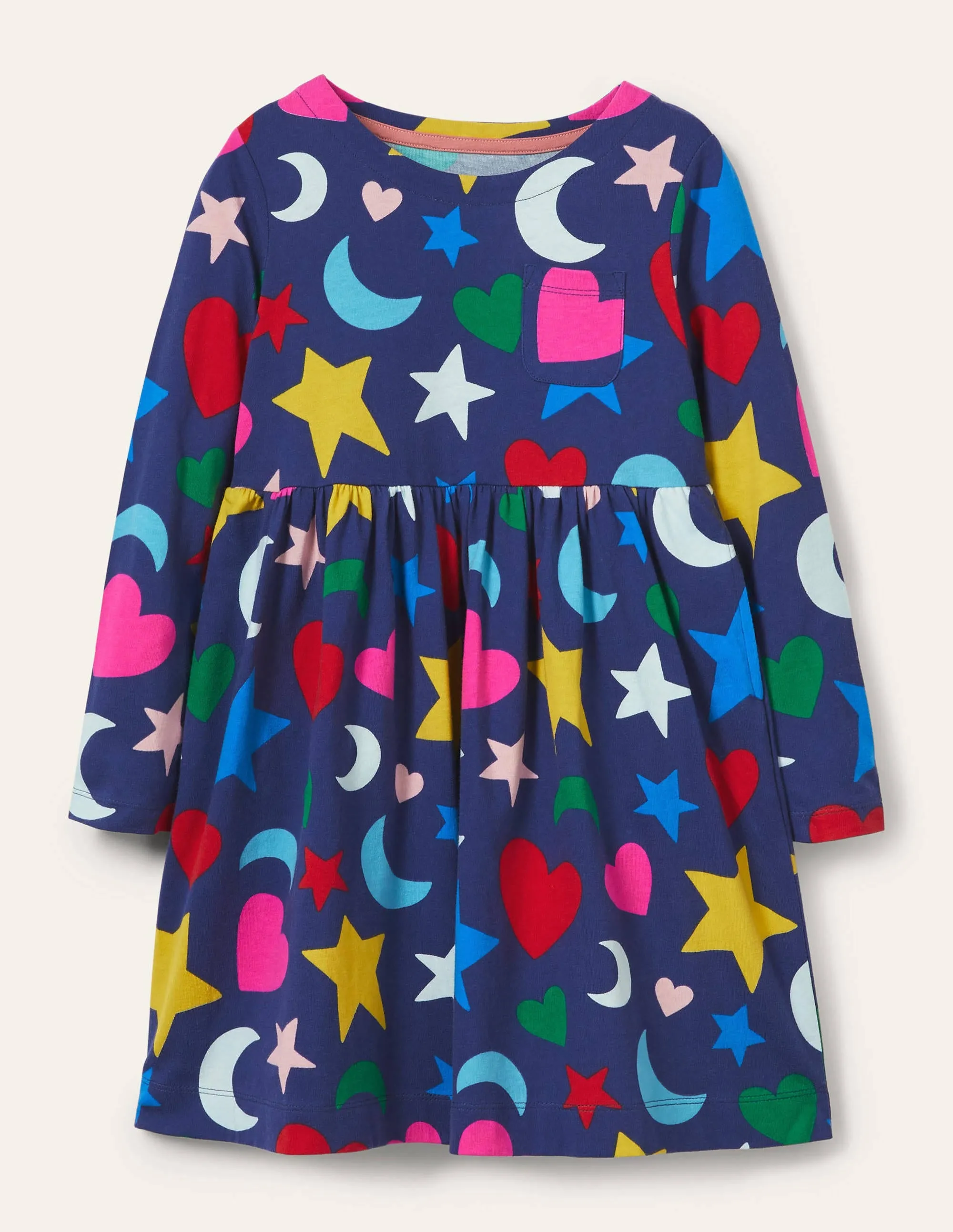 Long Sleeve Fun Jersey Dress-Starboard Blue Rainbow Magic