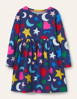 Long Sleeve Fun Jersey Dress-Starboard Blue Rainbow Magic